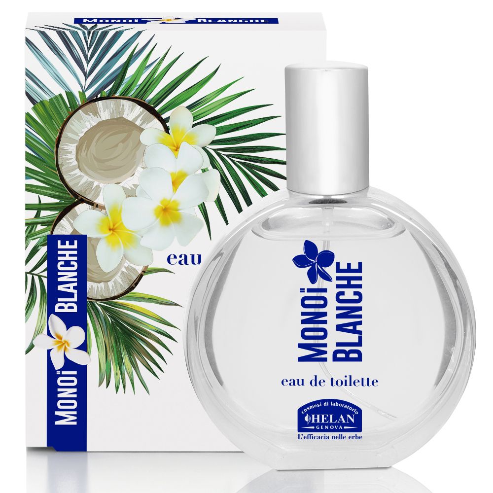 Flacone di eau de toilette e confezione. Confezione con cocco, fiori e foglie. Flacone: MONOI BLANCHE, eau de toilette, HELAN.