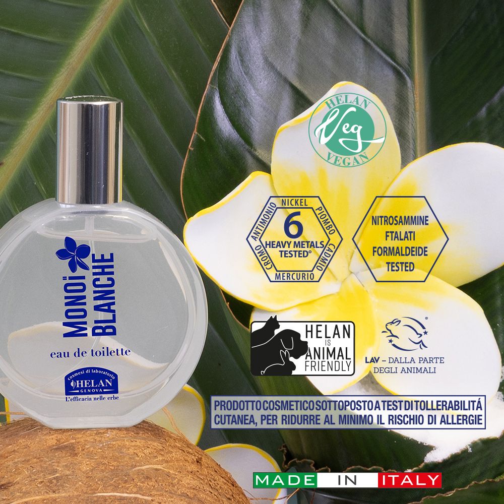 Flacone di eau de toilette con certificazioni. Logo Vegan, logo cruelty-free, 6 metalli pesanti testati, Made in Italy.