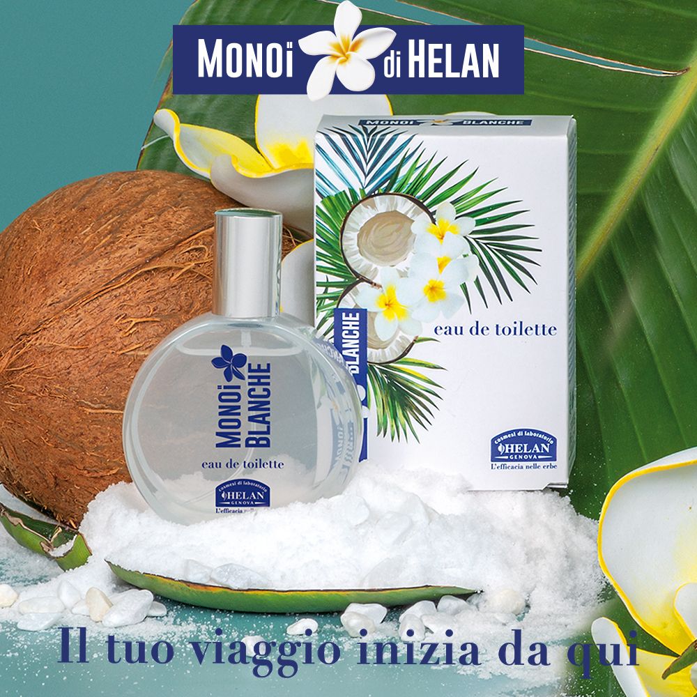 Flacone di eau de toilette e confezione su cocco. Confezione: MONOI BLANCHE, eau de toilette. Testo: Il tuo viaggio inizia da qui.