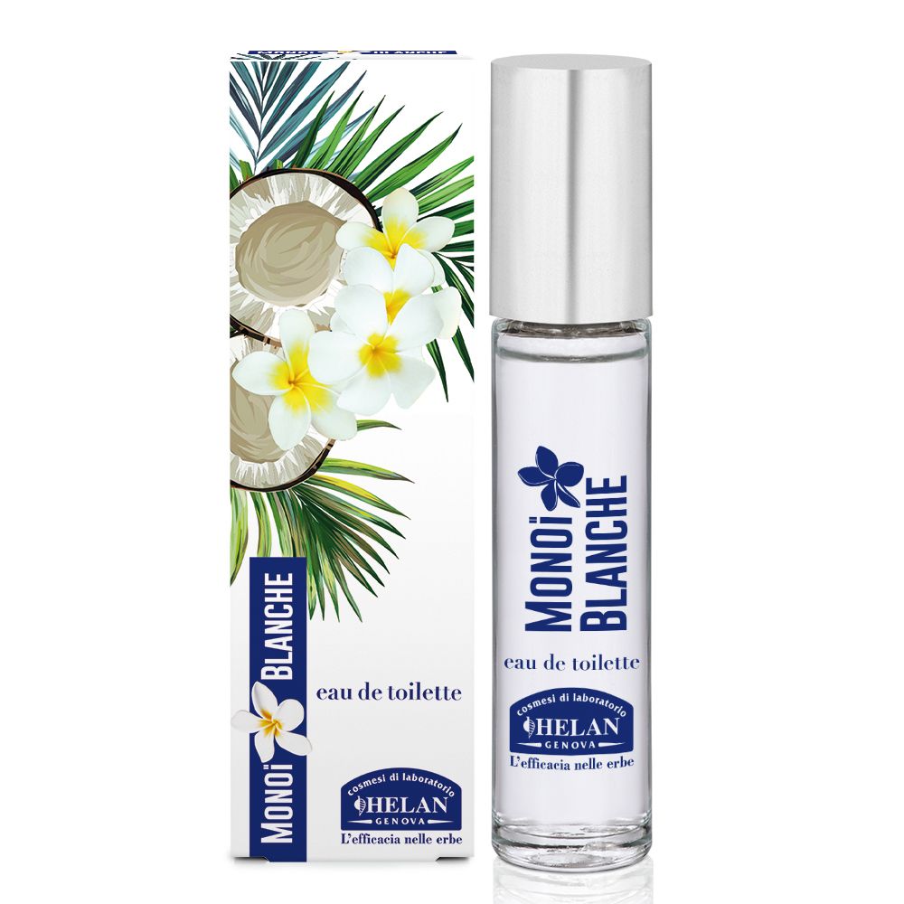 Flacone e confezione del prodotto. Confezione con motivo cocco e fiori. Scritta: Monoi Blanche Eau de Toilette.