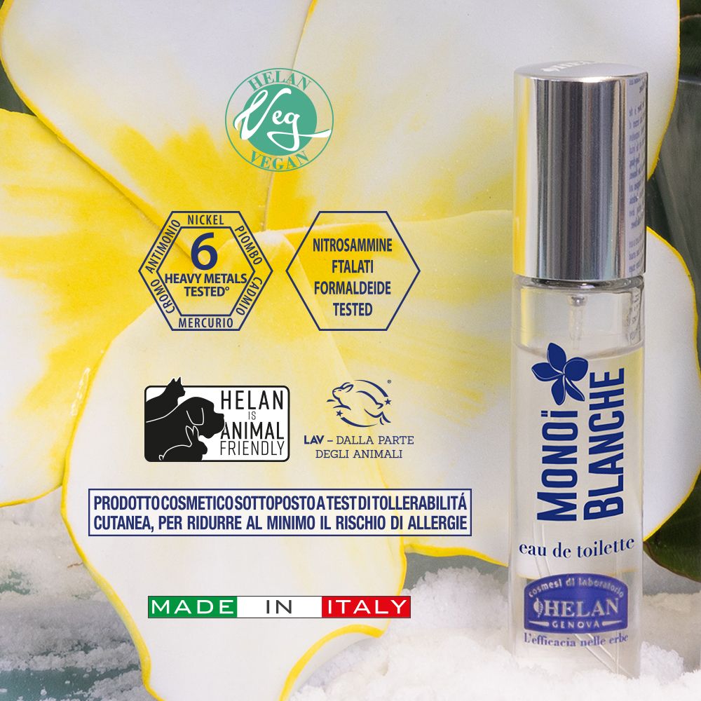 Flacone davanti a sfondo floreale. Loghi: Vegan, test nickel, Animal Friendly. Made in Italy.