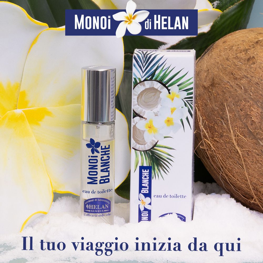 Flacone e confezione davanti a sfondo cocco e fiori. Scritta: Monoi Blanche Eau de Toilette.