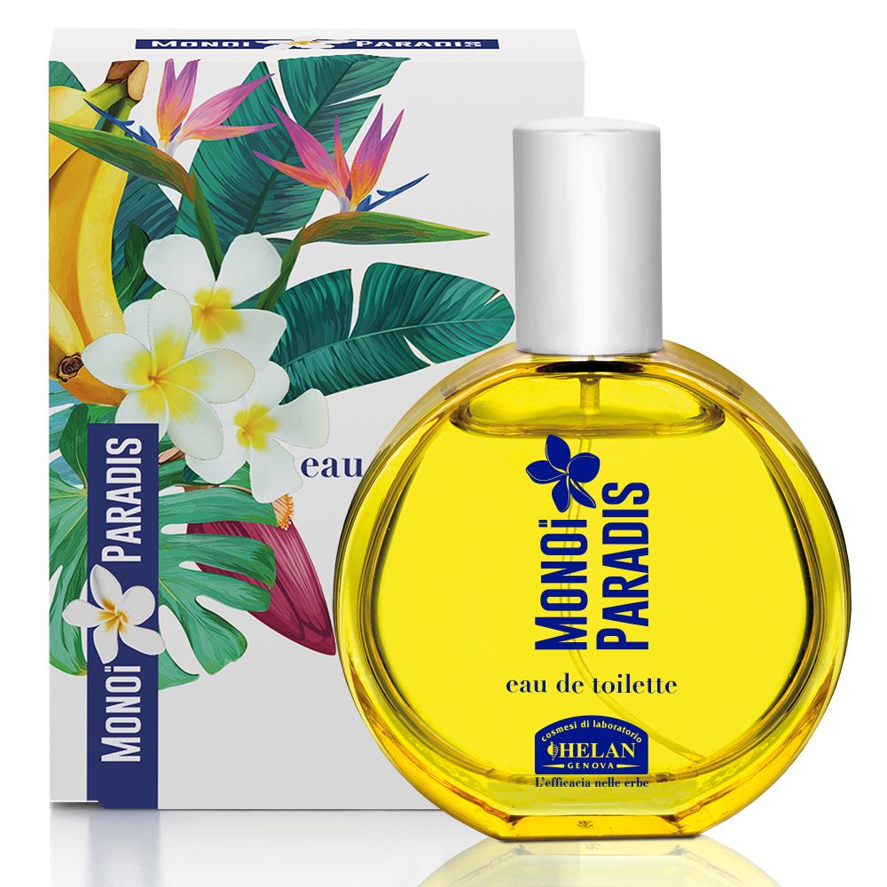 Flacone e confezione. Confezione con fiori e frutta. Flacone con liquido giallo. Marchio: Helan, Monoi Paradis.