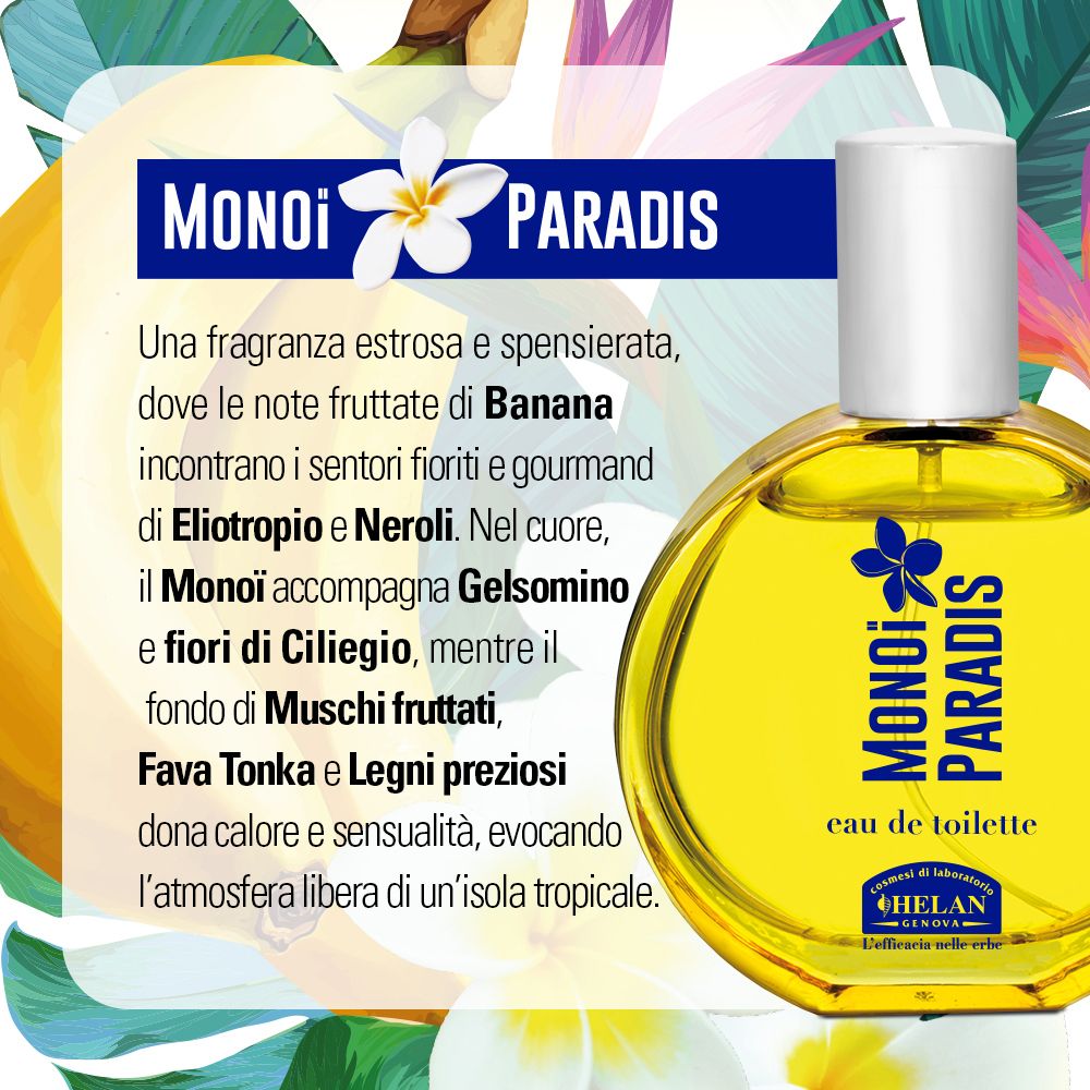 Prodotto con testo. Testo sulle note olfattive. Flacone con liquido giallo. Marchio: Helan, Monoi Paradis, Eau de Toilette.