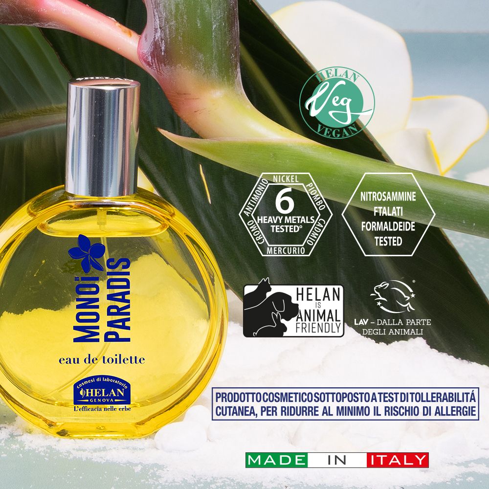 Flacone con liquido giallo. Loghi: Vegano, amico degli animali, 6 metalli pesanti testati. Marchio: Helan, Monoi Paradis.