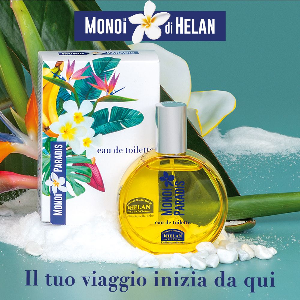 Flacone e confezione. Confezione con fiori e frutta. Flacone con liquido giallo. Marchio: Helan, Monoi Paradis.