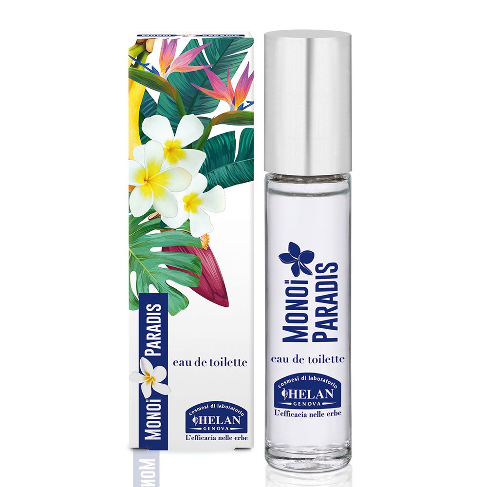 Flacone e confezione. Confezione con motivo floreale. Scritta: Monoi Paradis, Eau de Toilette. Marchio: Helan.