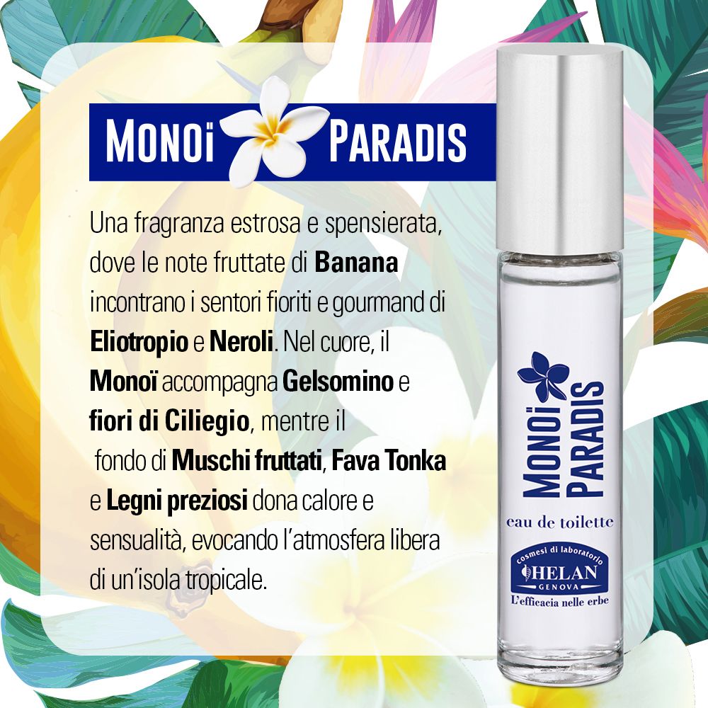 Flacone con testo. Testo sulle note olfattive. Scritta: Monoi Paradis, Eau de Toilette. Marchio: Helan.