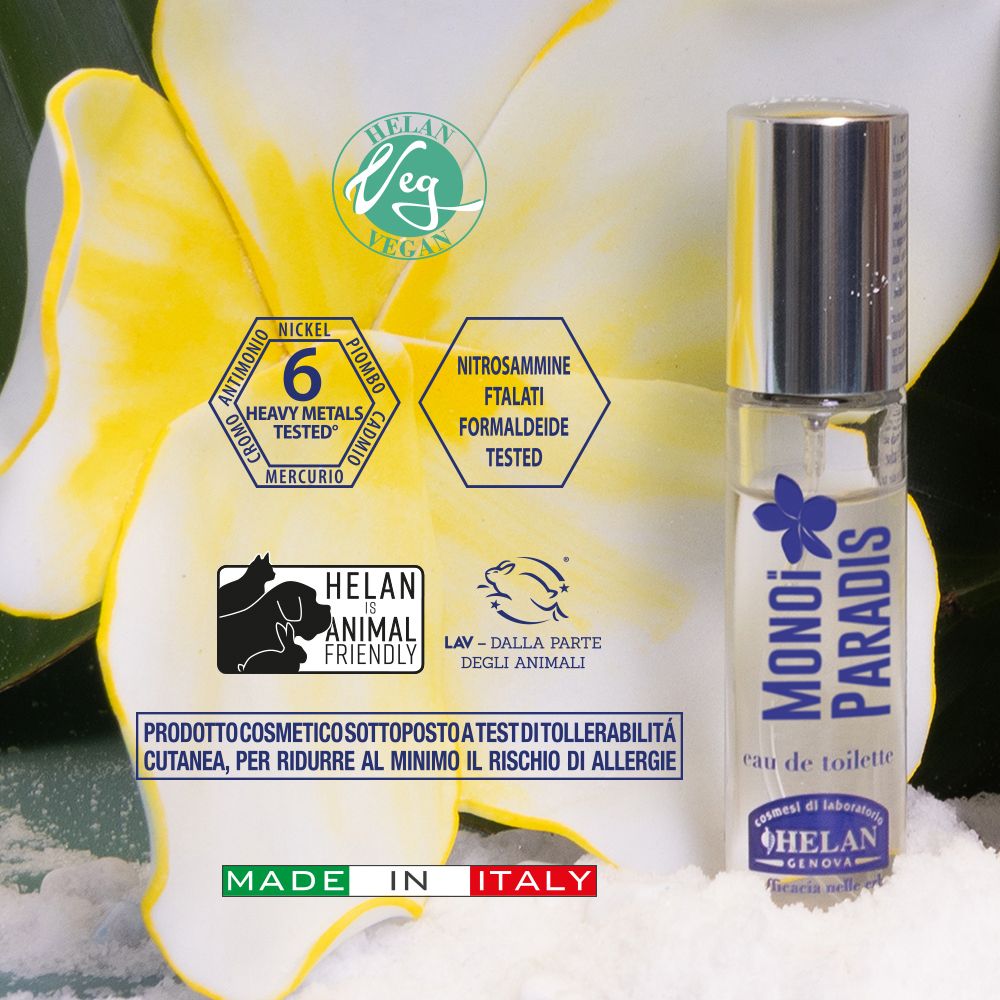 Flacone con loghi e testo. Loghi: Vegan, Animal Friendly, Made in Italy. Marchio: Helan.