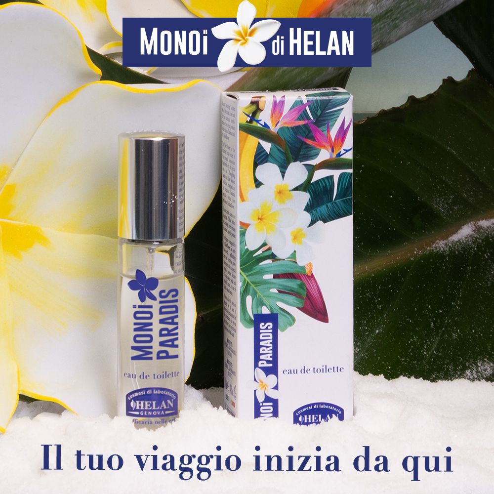 Flacone e confezione. Confezione con motivo floreale. Scritta: Monoi Paradis, Eau de Toilette. Marchio: Helan.