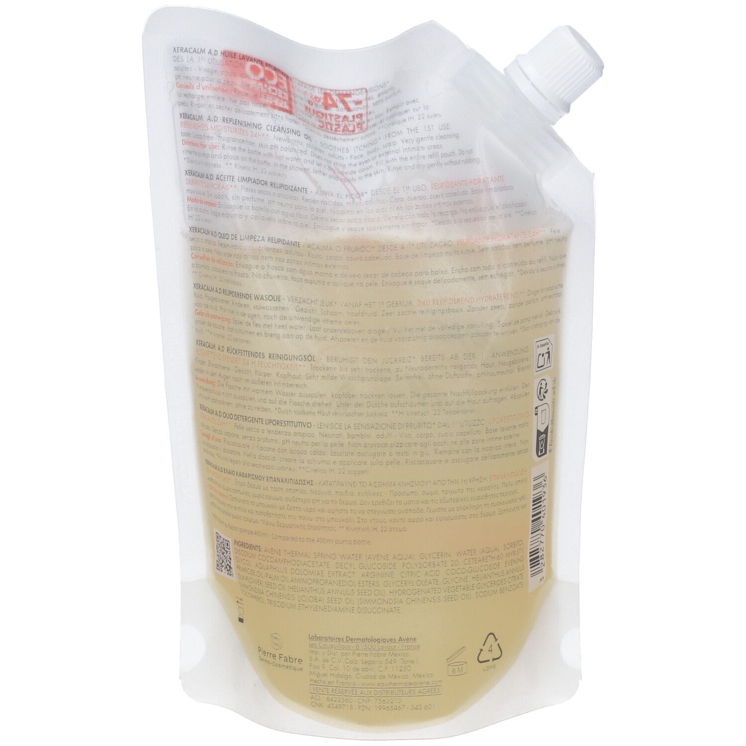 Sacchetto di ricarica con tappo a vite, riempito con un liquido giallo pallido.