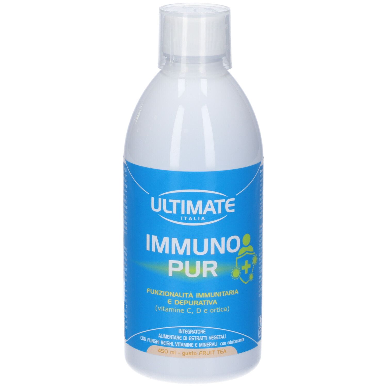 Bottiglia bianca con etichetta blu. Testo: ULTIMATE ITALIA, IMMUNO PUR, Funzionalità immunitaria e depurativa. 450 ml, Fruit Tea.