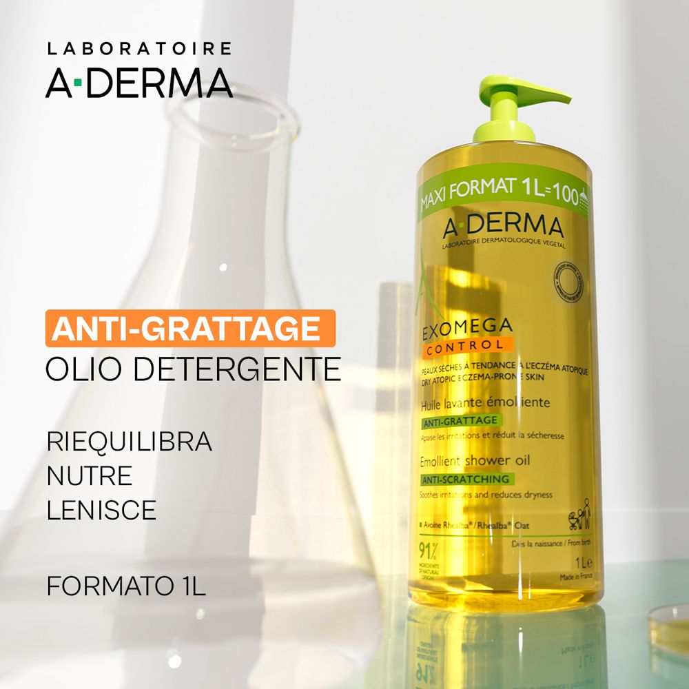 A-Derma Exomega Control Olio Detergente. Bottiglia accanto a provetta. Testo: Anti-Grattage, Olio Detergente. Laboratoire A-Derma.