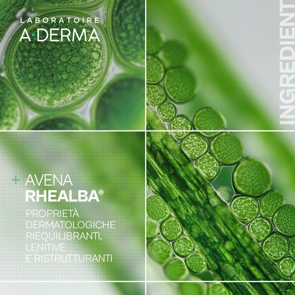 Primo piano di bolle verdi. Testo: Avena Rhealba. Proprietà: dermatologiche, lenitive, ristrutturanti. Logo A-Derma.