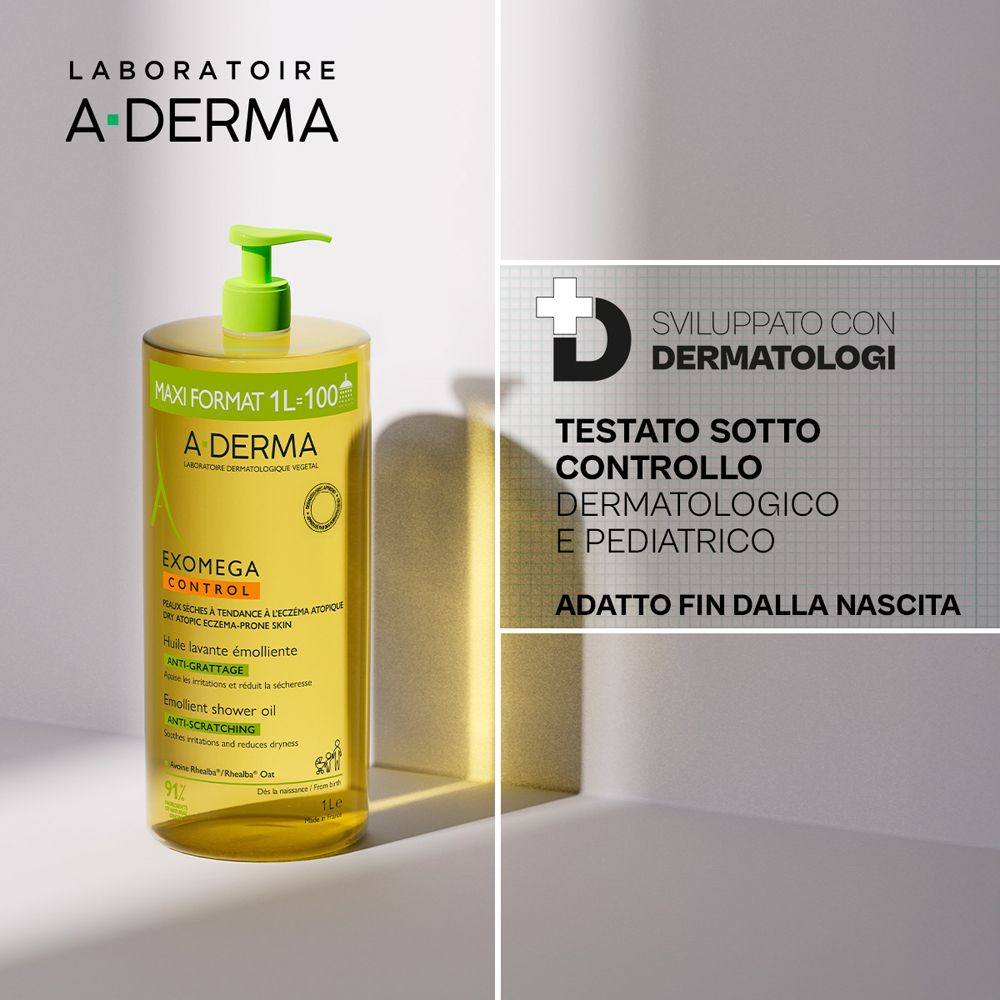A-Derma Exomega Control Olio Lavante. Bottiglia con pompa. Testo: Maxi Format 1L-100+. Testato dermatologicamente.