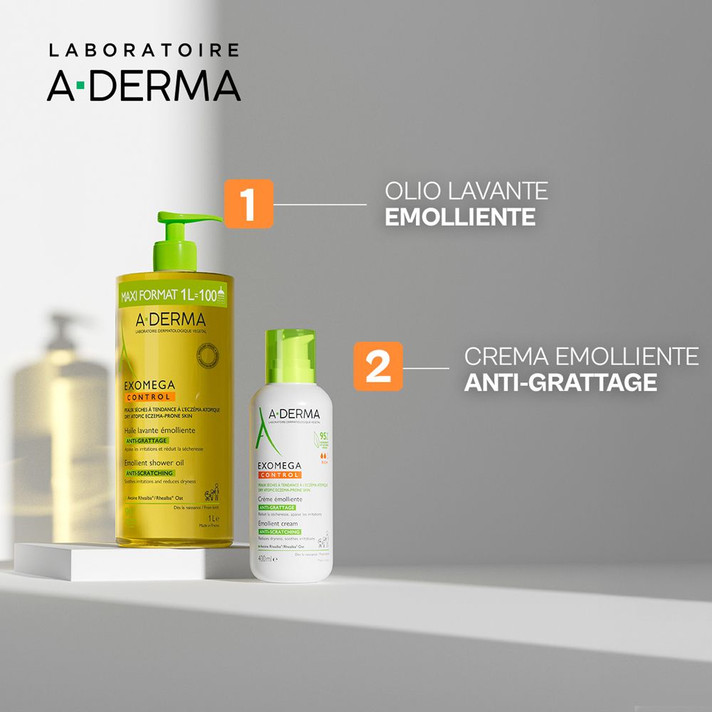 A-Derma Exomega Control Olio Lavante e Crema. Flaconi su piedistallo. Testo: Olio Lavante, Crema Emolliente.