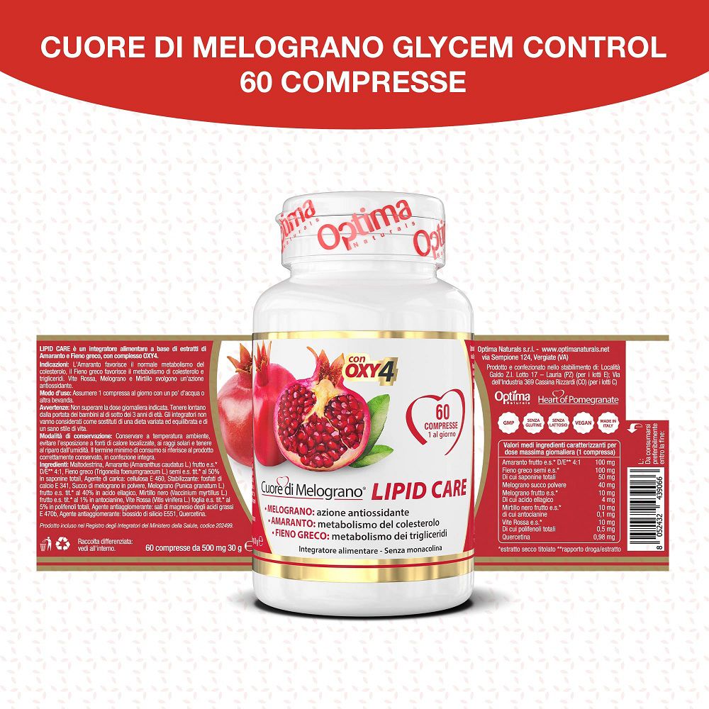 Flacone Cuore di Melograno Lipid Care e confezione con motivo melograno e informazioni prodotto.