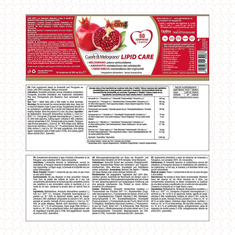Confezione di Cuore di Melograno Lipid Care con ingredienti dettagliati e istruzioni.