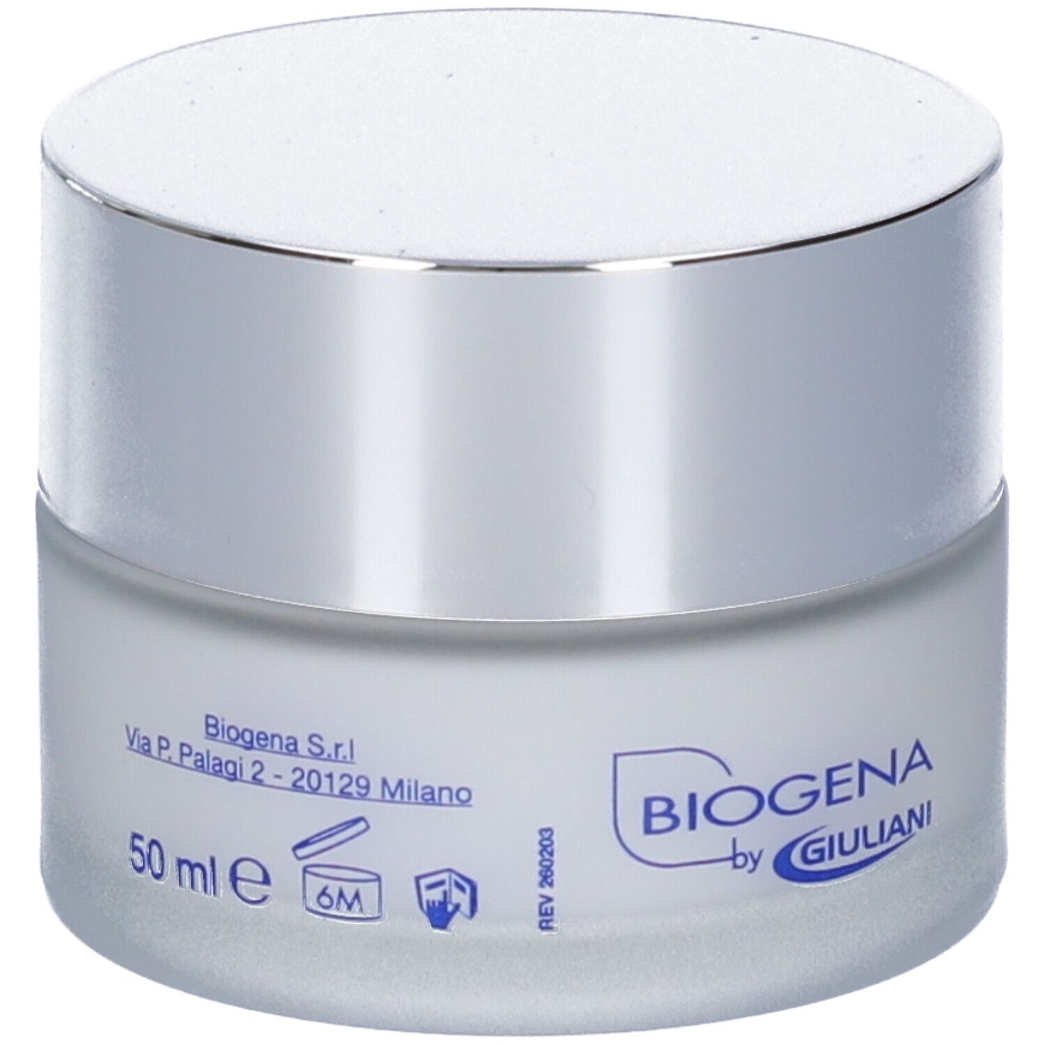 Vasetto Bioliftan Crema Giorno, 50 ml, con tappo argentato e scritta Biogena by Giuliani.