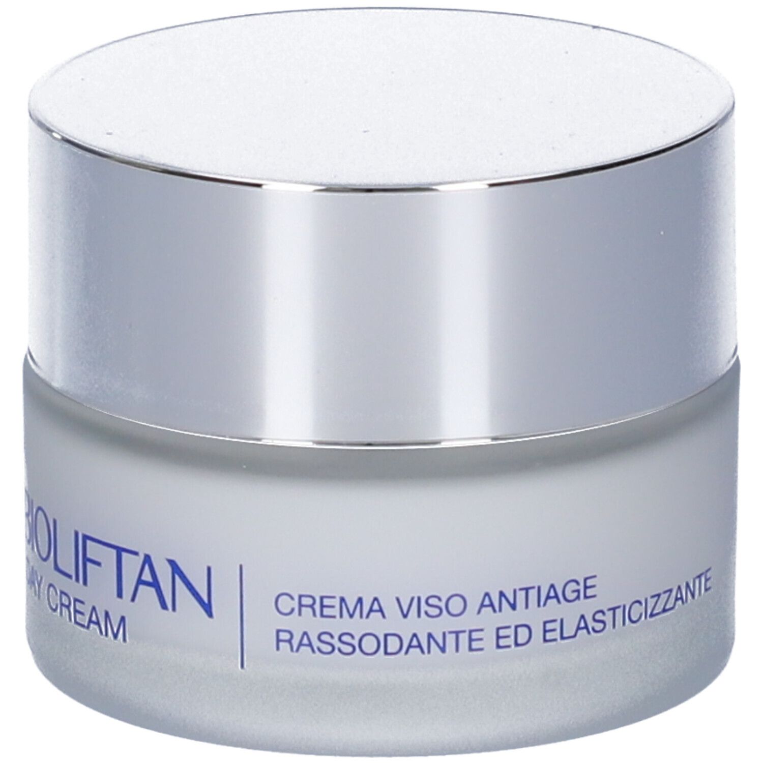 Vasetto Bioliftan Crema Giorno con tappo argentato e scritta blu.