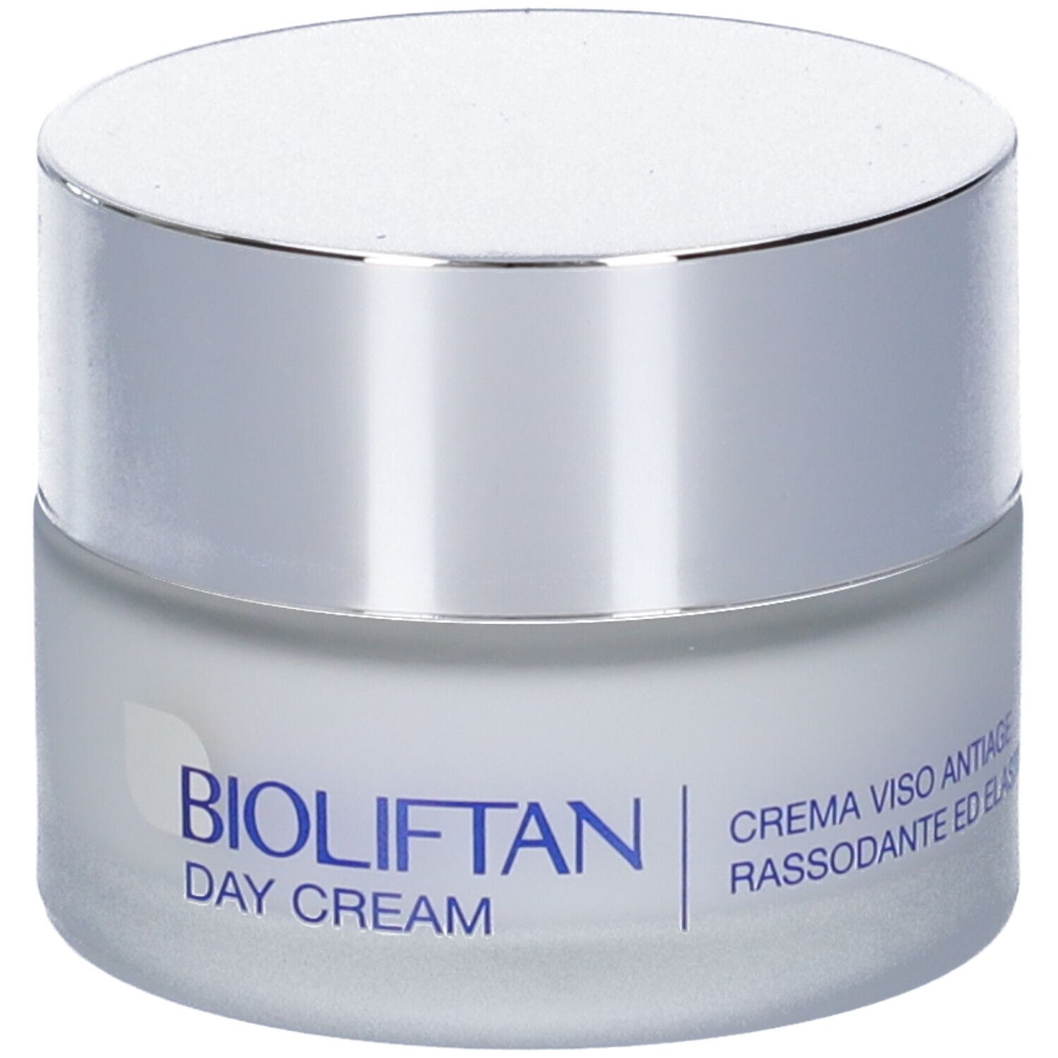 Vasetto Bioliftan Crema Giorno con tappo argentato e scritta blu.