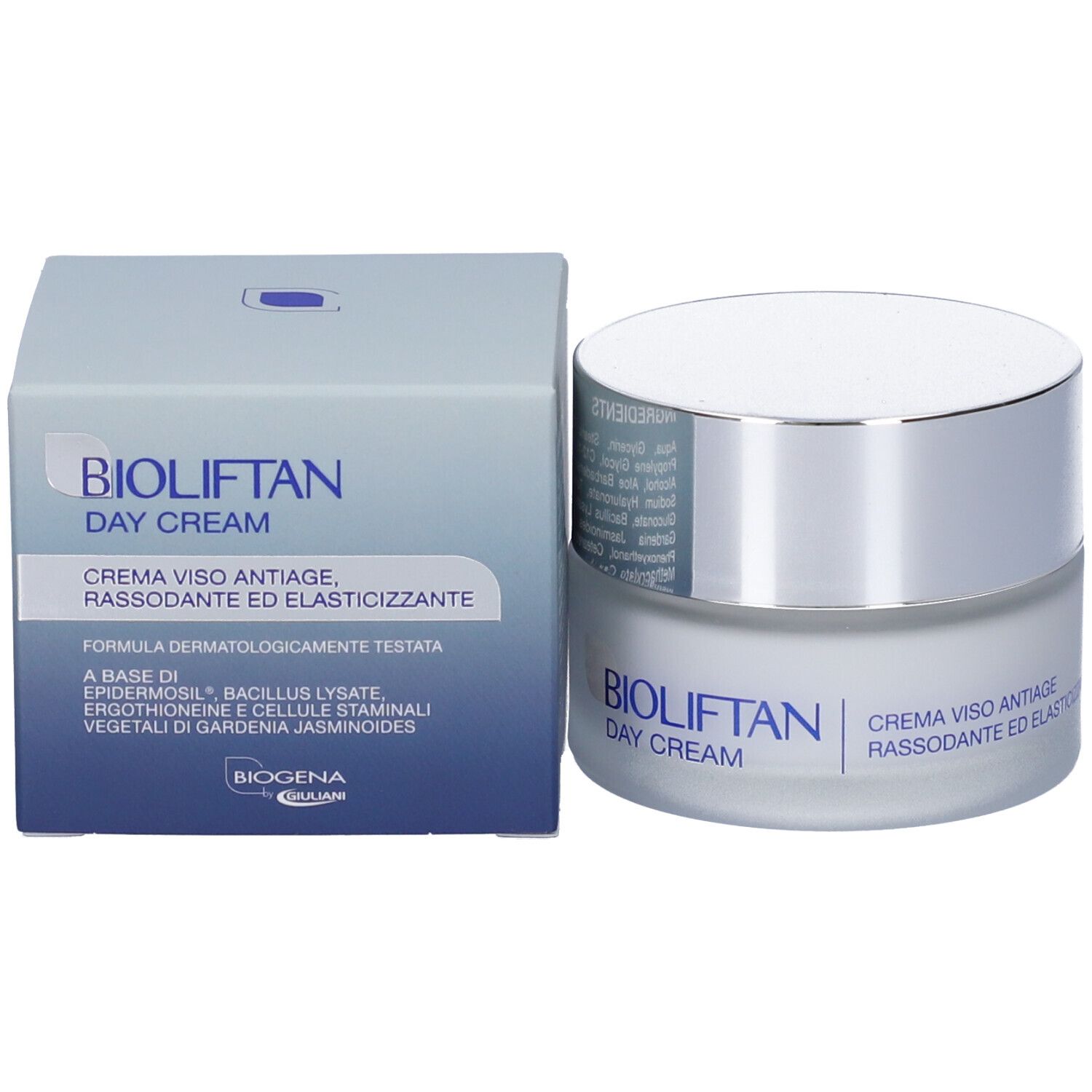 Vasetto Bioliftan Crema Giorno e scatola in cartone con tappo argentato.