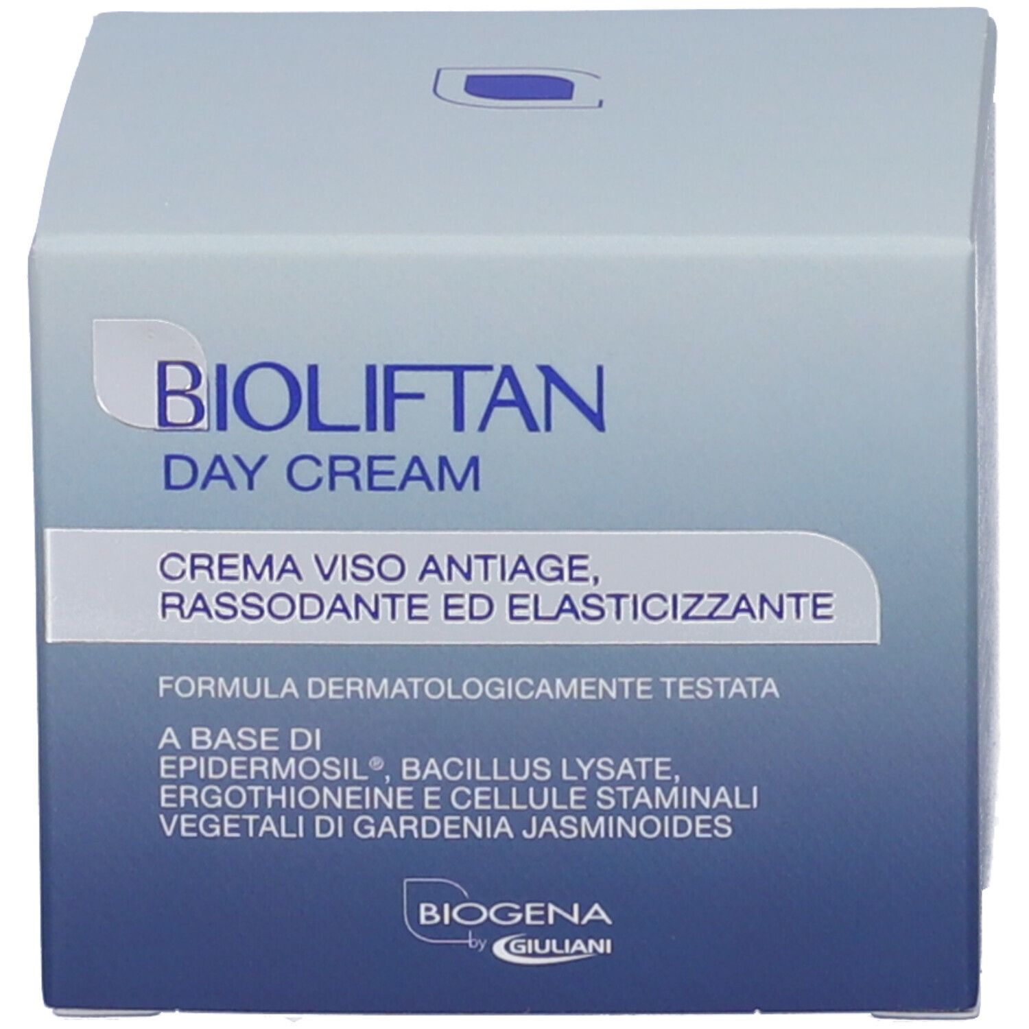 Scatola in cartone Bioliftan Crema Giorno con scritta blu.