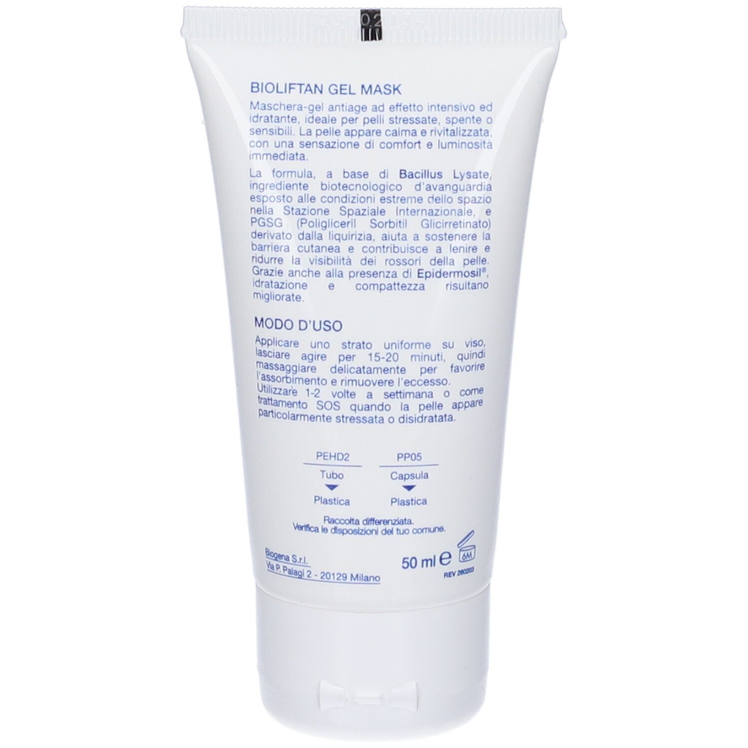 Retro di un tubo Bioliftan Gel Mask Antiage con istruzioni per l'uso e ingredienti.