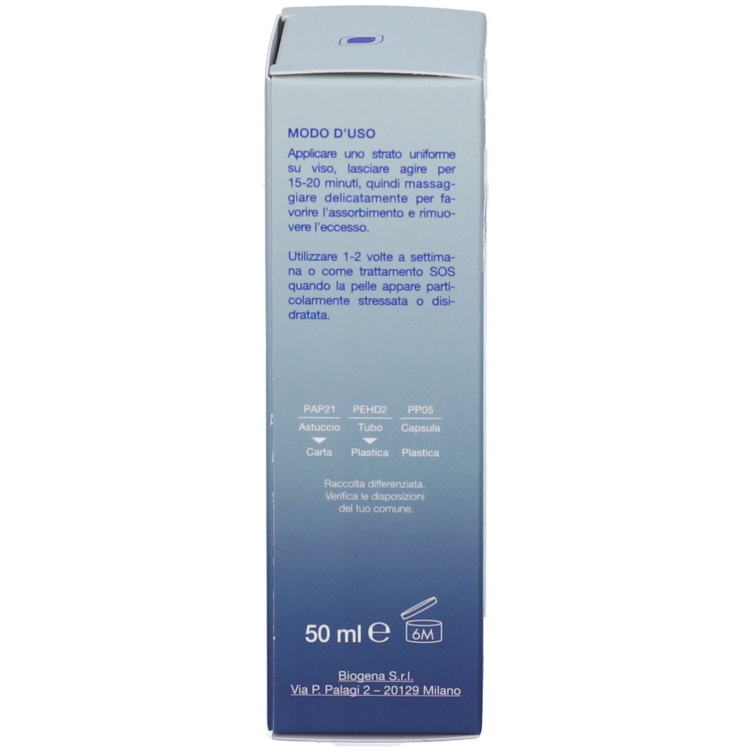 Vista laterale del cofanetto Bioliftan Gel Mask Antiage con indicazione 50ml.