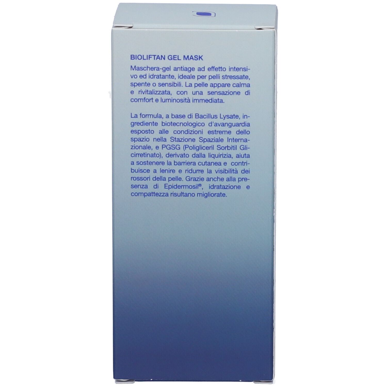Vista laterale del cofanetto Bioliftan Gel Mask Antiage con descrizione del prodotto.