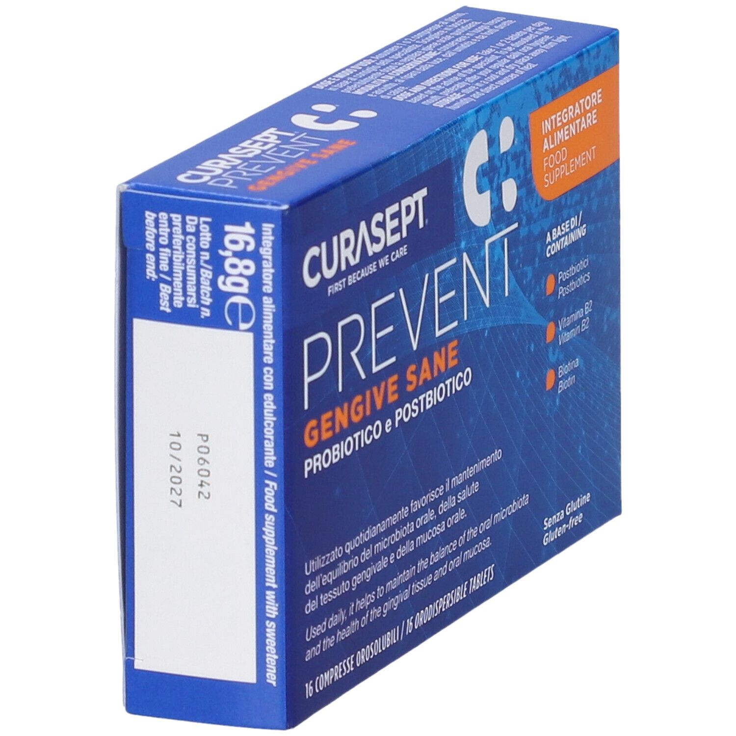 Scatola blu CURASEPT PREVENT. Contiene 16 compresse. Scritto: GENGIVE SANE, PROBIOTICO e POSTBIOTICO. 16,8g.