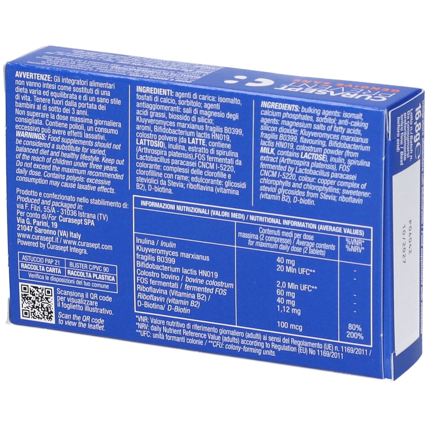 Retro della scatola blu. Contiene informazioni sugli ingredienti e sui valori nutrizionali. Codice QR e testo.