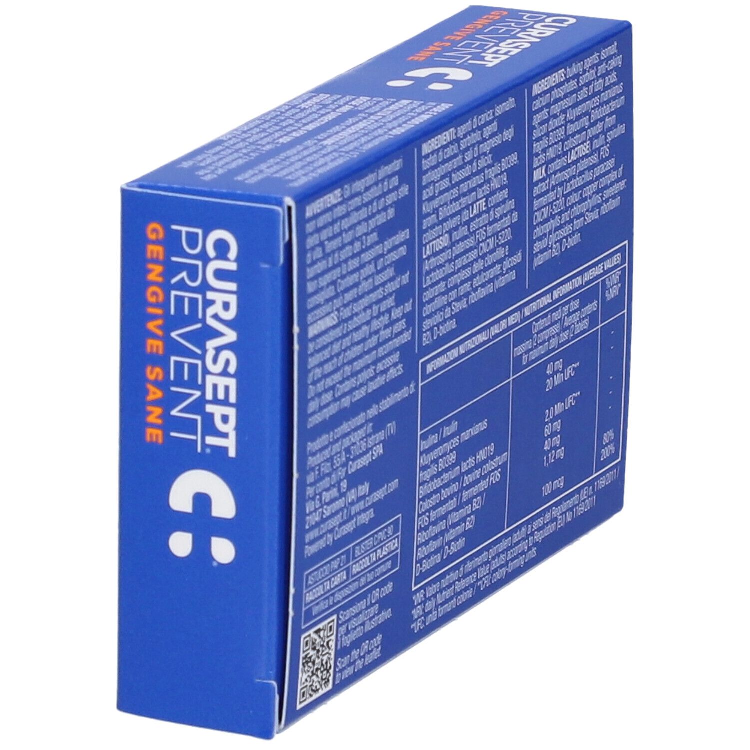 Scatola blu CURASEPT PREVENT. Contiene informazioni sugli ingredienti e sui valori nutrizionali.