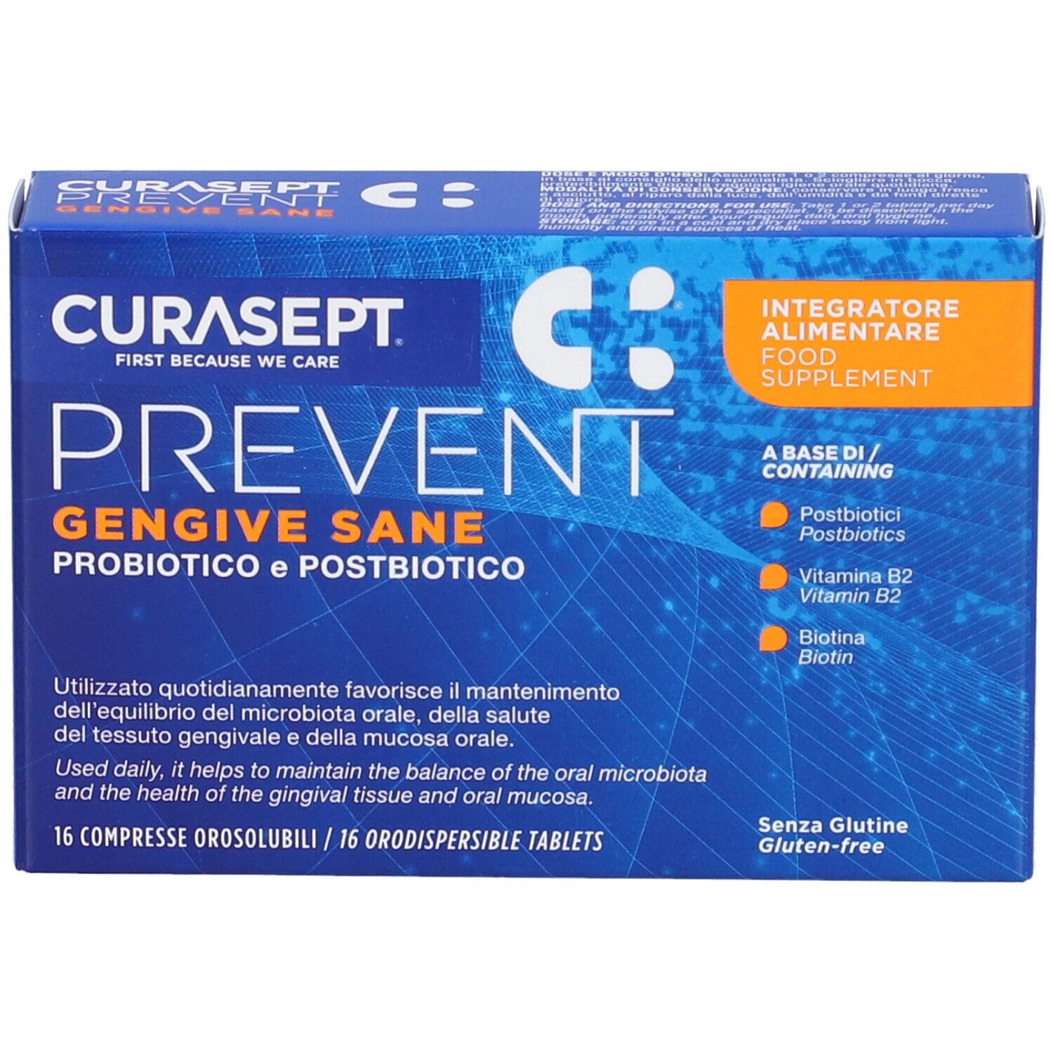 Scatola blu CURASEPT PREVENT. Contiene 16 compresse. Scritto: GENGIVE SANE, PROBIOTICO e POSTBIOTICO.