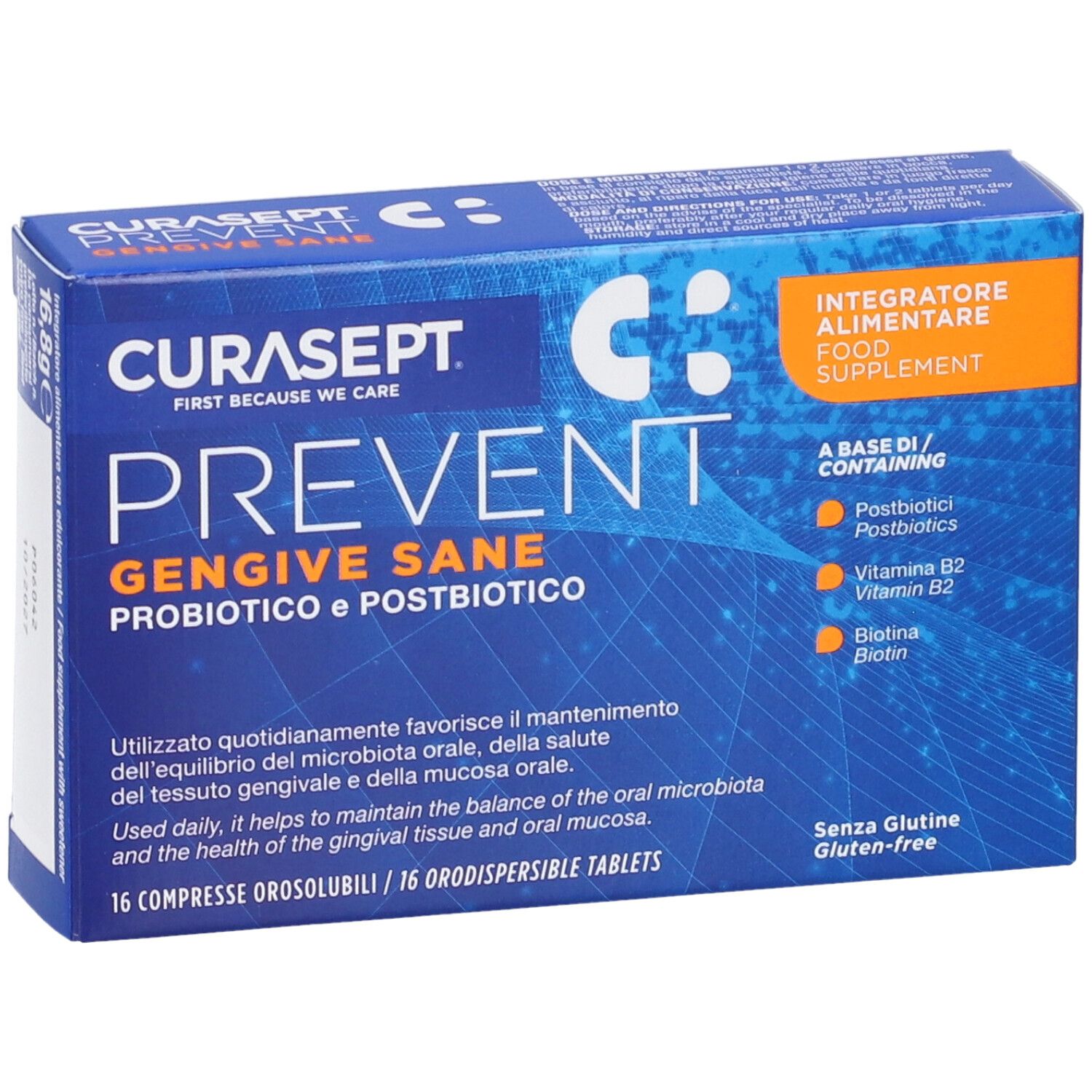 Scatola blu CURASEPT PREVENT. Contiene 16 compresse. Scritto: GENGIVE SANE, PROBIOTICO e POSTBIOTICO. 16,8g.
