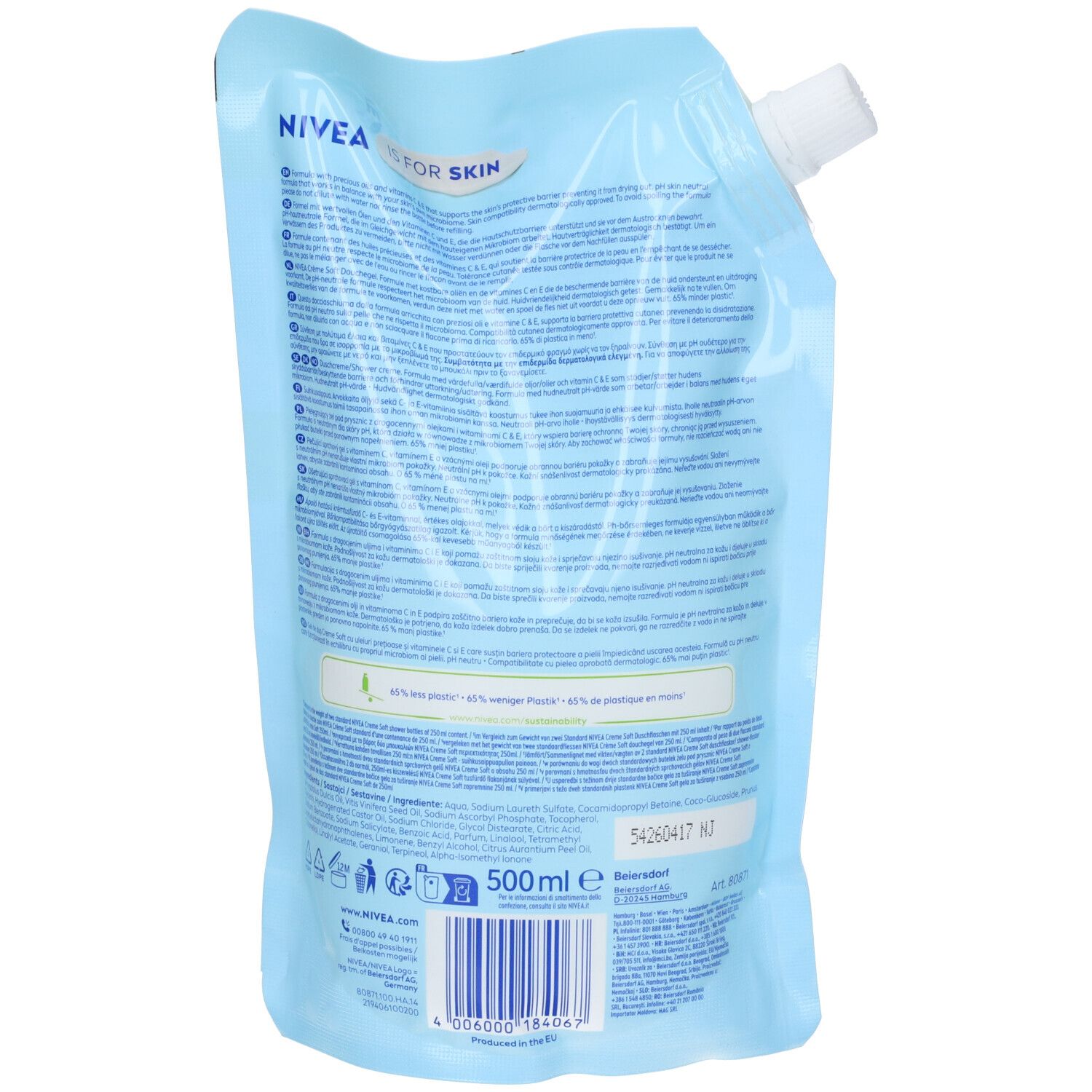 Retro della ricarica di gel doccia. Confezione blu con testo e informazioni. In basso: 500ml e codice a barre.