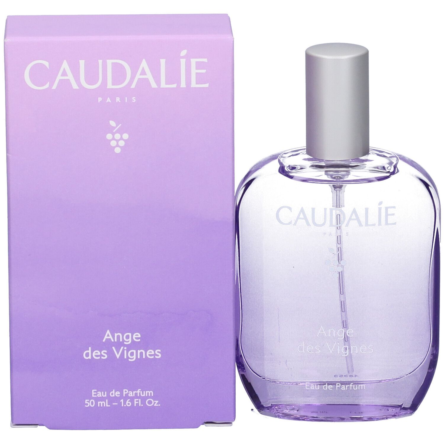 Flacone e confezione. Flacone con tappo argentato. Confezione con Caudalie e Ange des Vignes. Eau de Parfum.