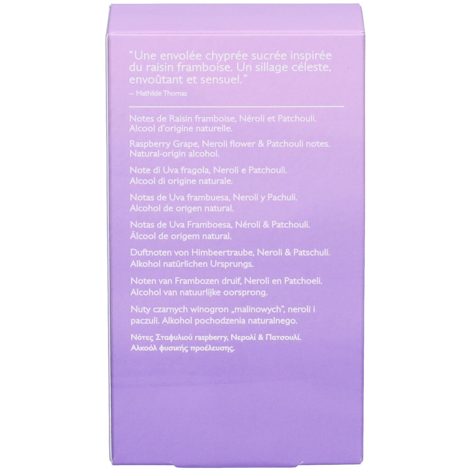 Confezione viola. Testo sulle note olfattive e gli ingredienti. Multilingue.