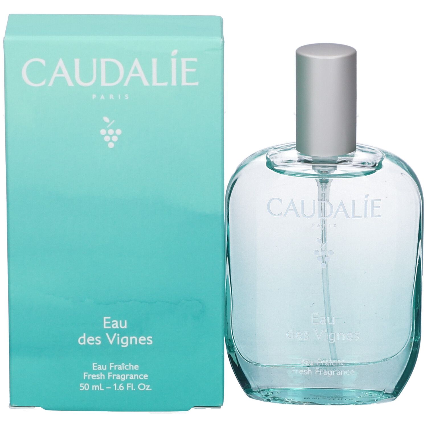 Prodotto e confezione. Flacone e scatola. Scritta CAUDALIE. Eau des Vignes. Scatola azzurra. 50 ml - 1.6 Fl. Oz.