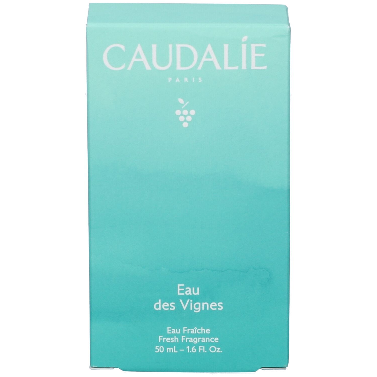 Scatola azzurra. Scritta CAUDALIE. Eau des Vignes. 50 ml - 1.6 Fl. Oz. Simbolo dell'uva.