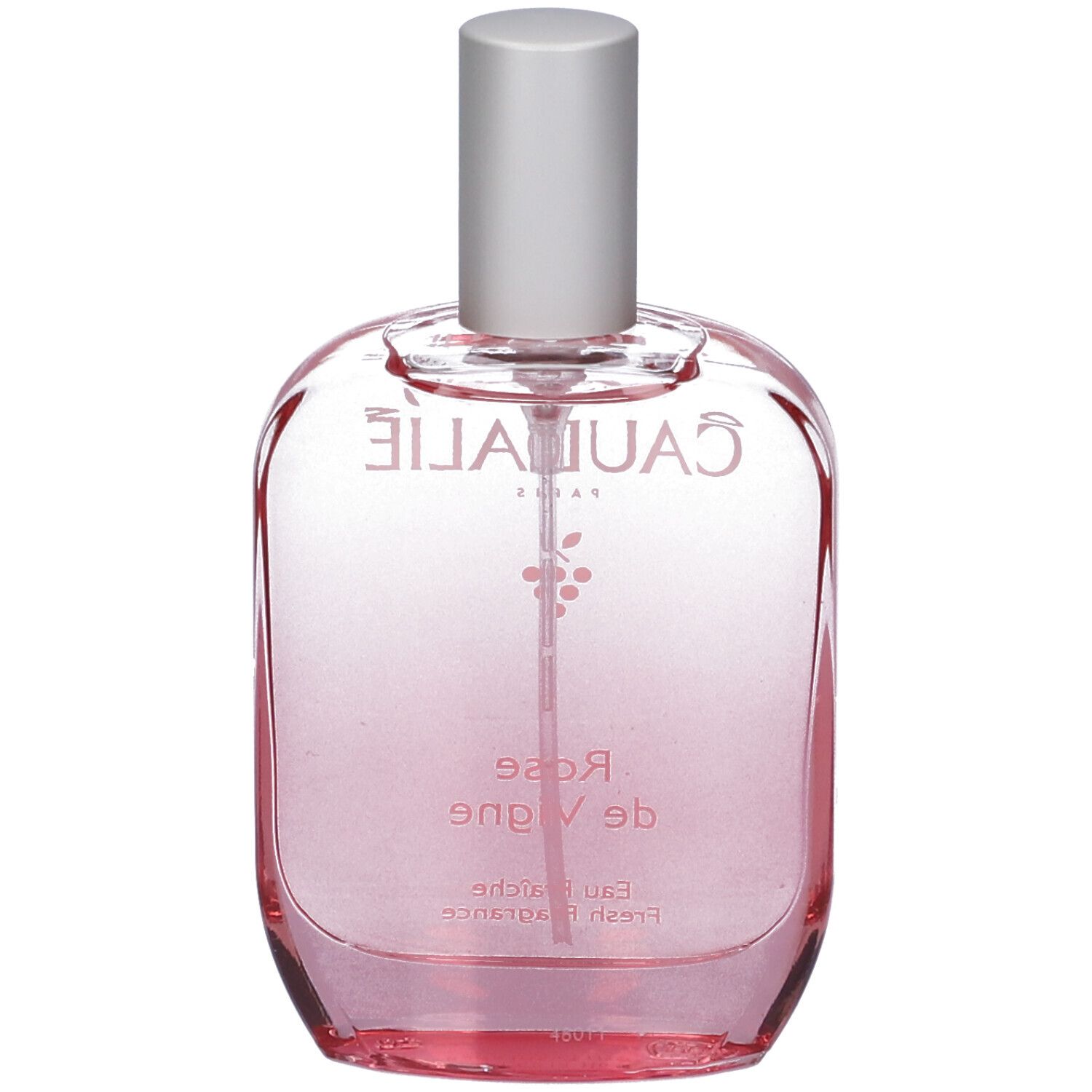 Flacone in vetro rosa con vaporizzatore argentato. Scritte: CAUDALIE, Rose de Vigne, Eau Fraiche, Fresh Fragrance.