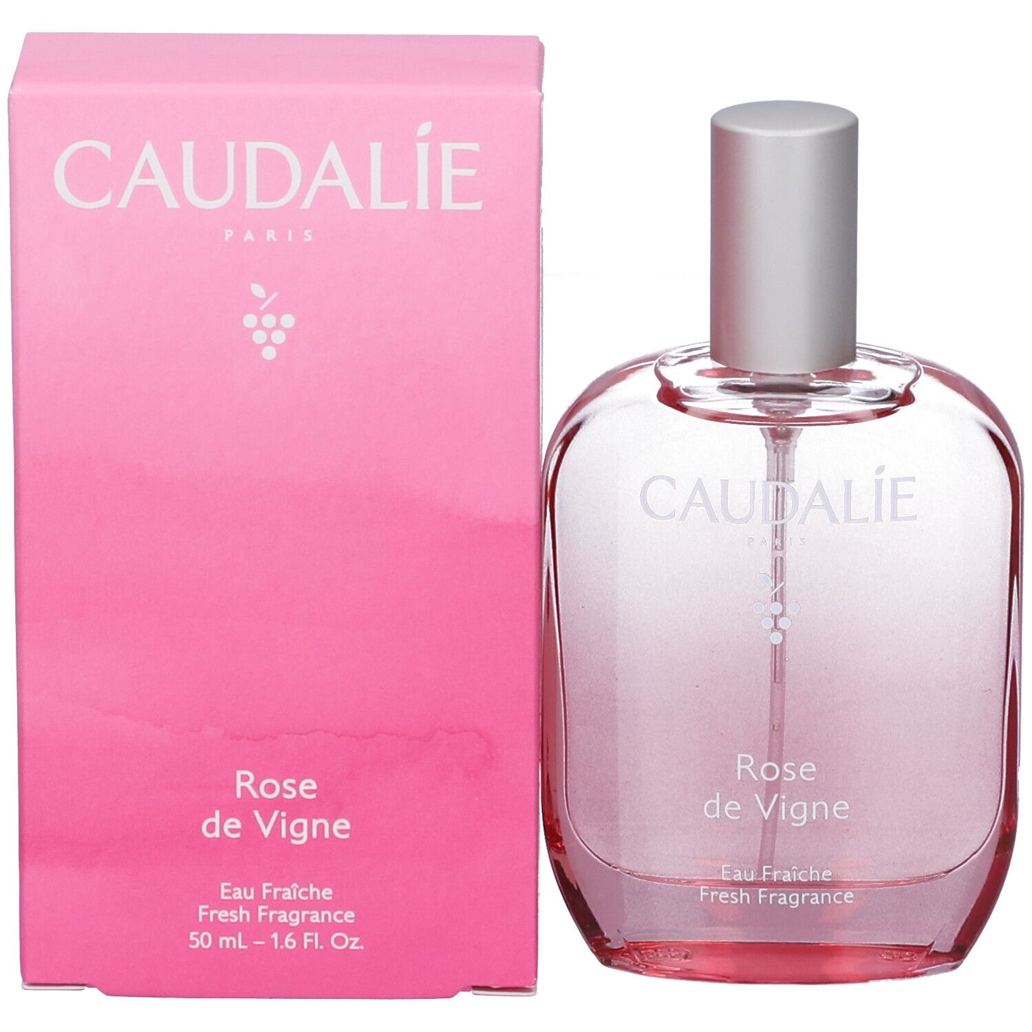 Scatola rosa e flacone. Scritte: CAUDALIE, Rose de Vigne, Eau Fraiche, Fresh Fragrance, 50 ml - 1.6 Fl. Oz.