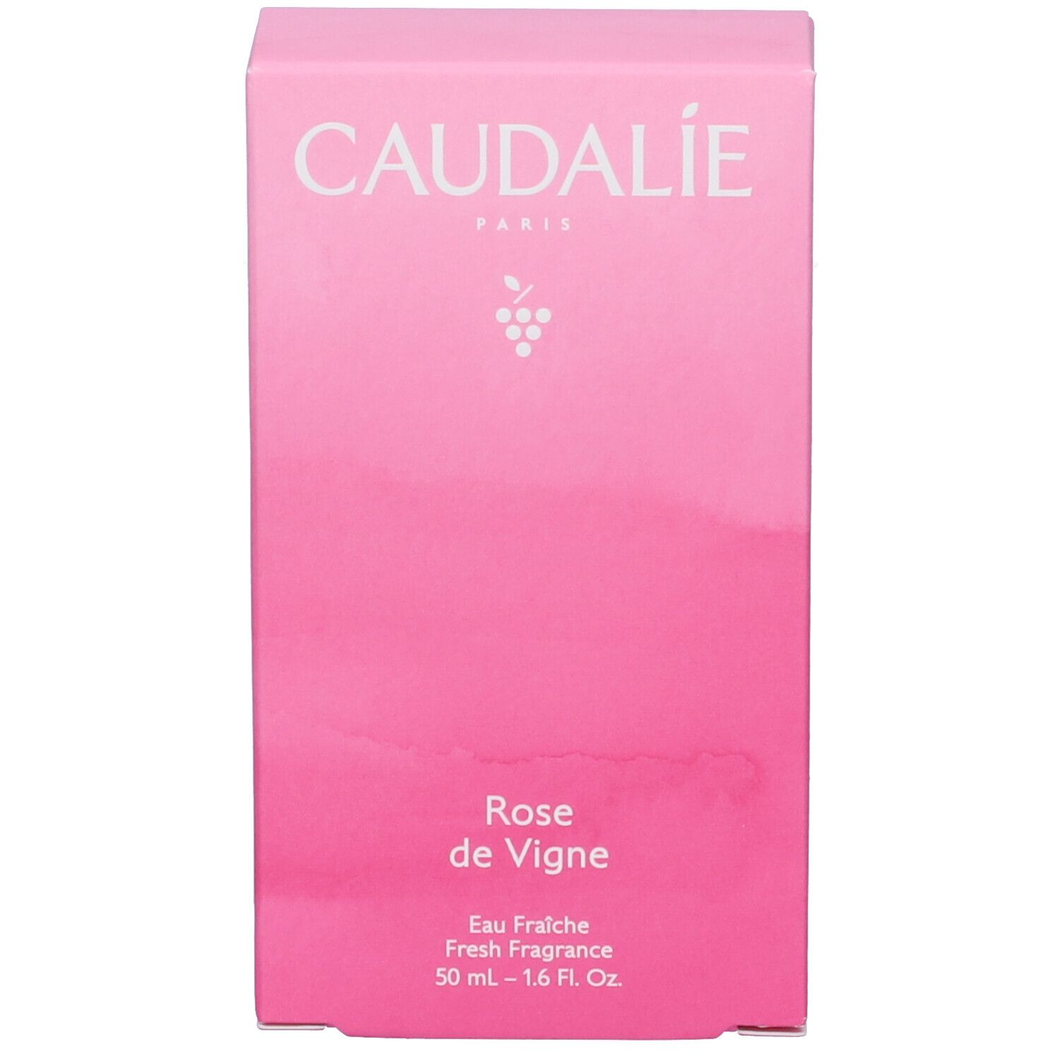 Scatola rosa. Scritte: CAUDALIE, Rose de Vigne, Eau Fraiche, Fresh Fragrance, 50 ml - 1.6 Fl. Oz.