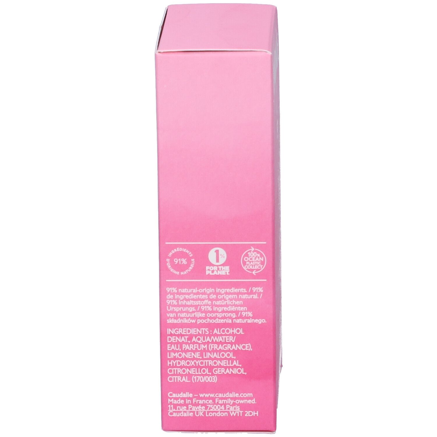 Scatola rosa, retro. Scritte: 91% ingredienti naturali, ingredienti, www.caudalie.com.