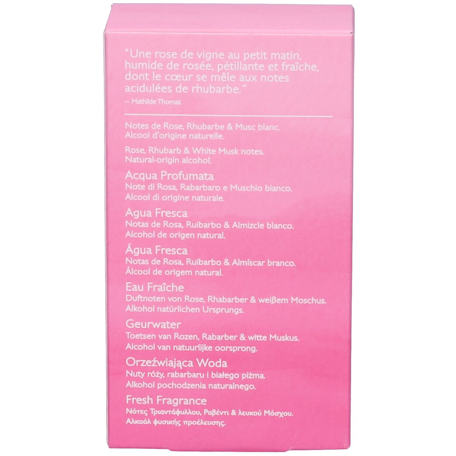 Scatola rosa, retro. Citazioni, note, ingredienti, www.caudalie.com.