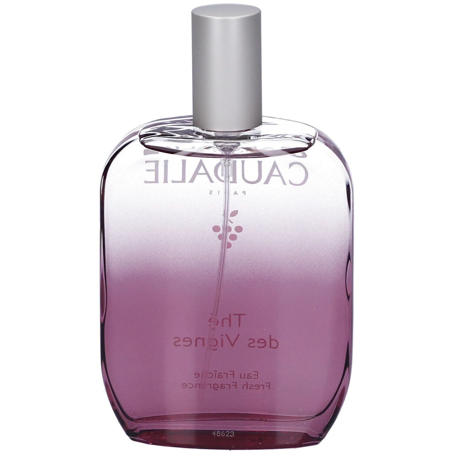 Flacone in vetro con vaporizzatore argentato. Sfumatura da trasparente a viola. Scritta Caudalie, Thé des Vignes.