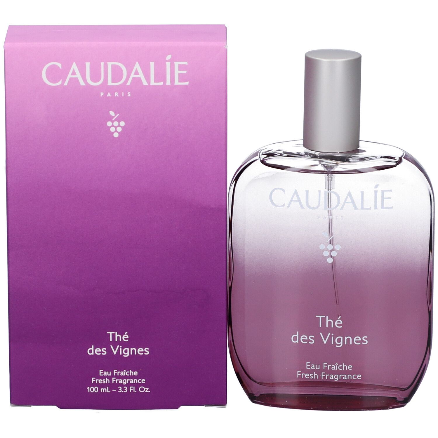 Flacone e confezione. Flacone con vaporizzatore argentato. Confezione viola con scritta Caudalie, Thé des Vignes.