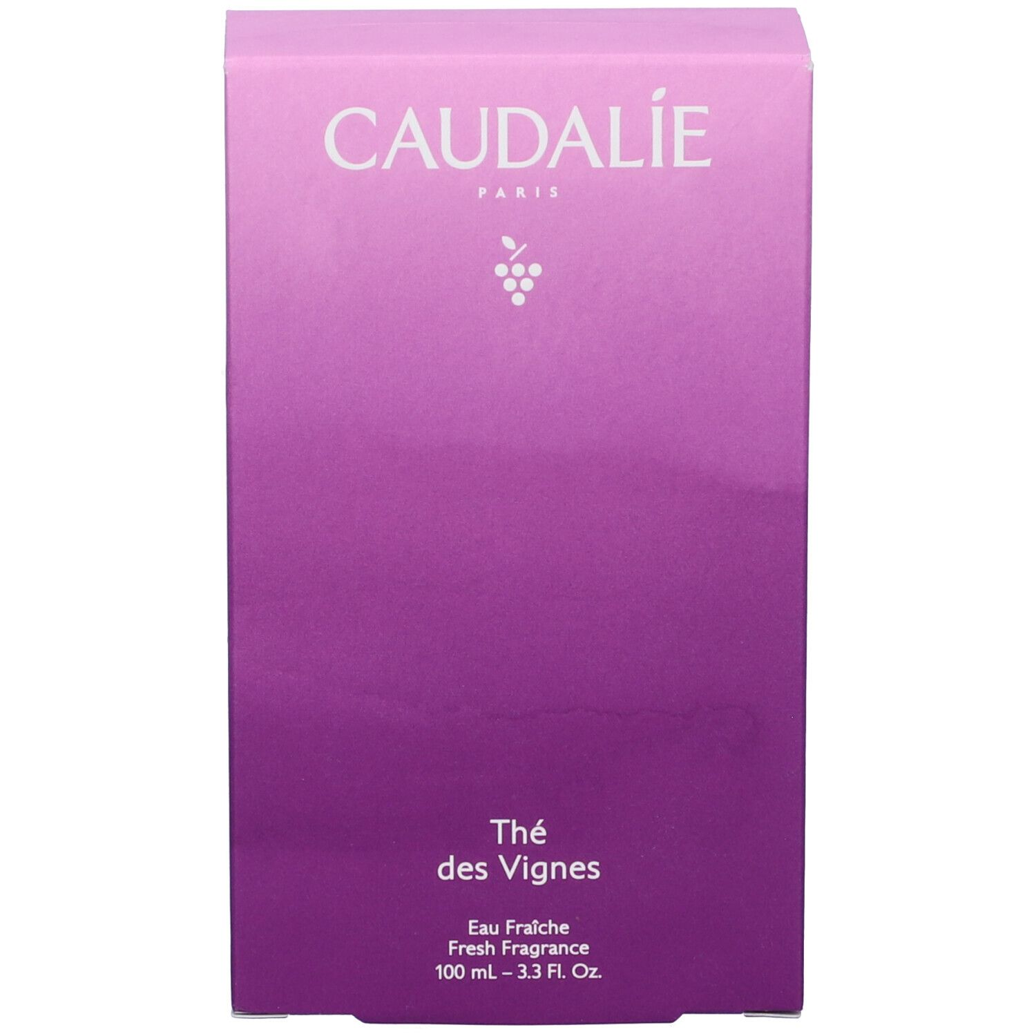 Confezione viola con scritta bianca Caudalie, Thé des Vignes. In basso: Eau Fraiche, 100 ml.