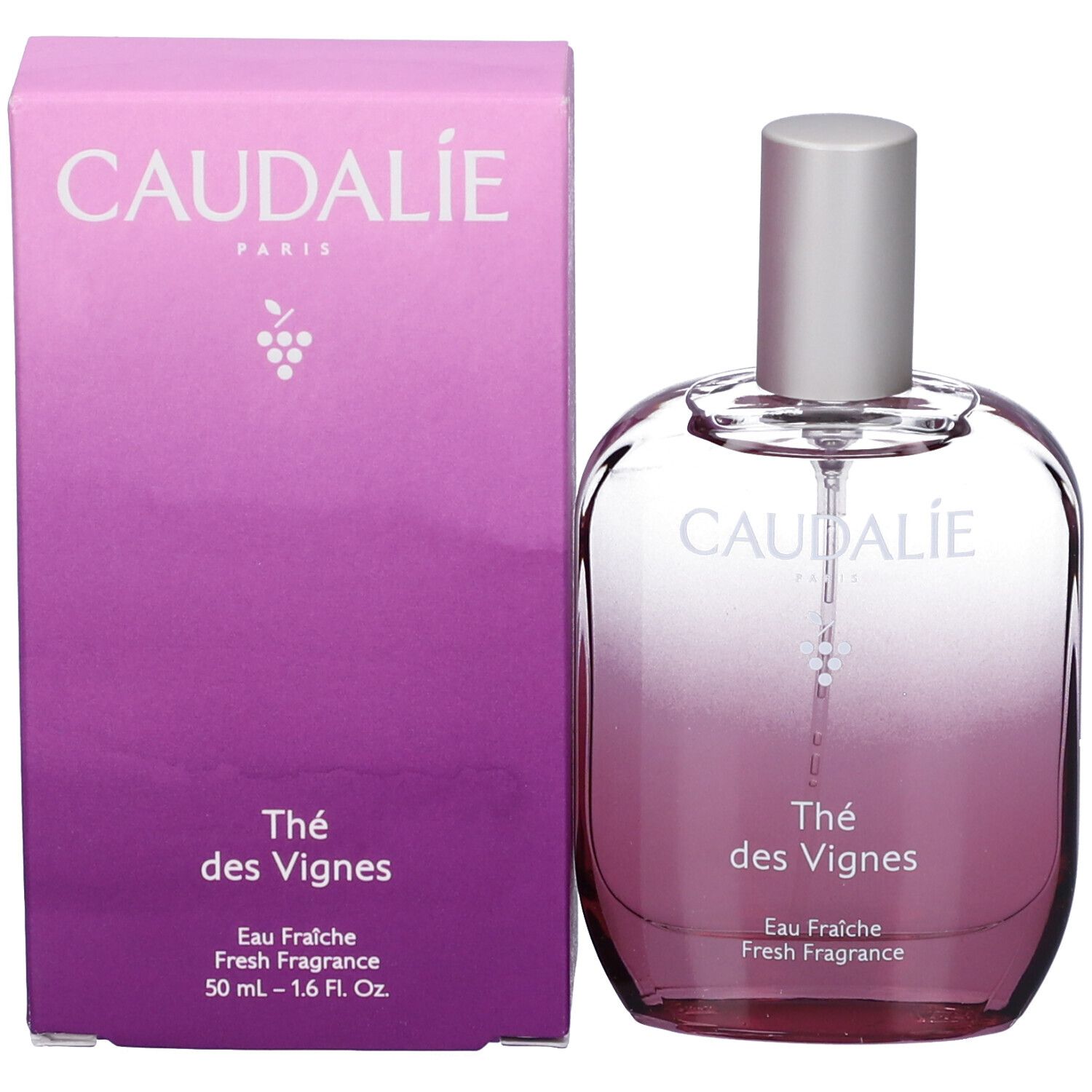 Flacone e confezione. Flacone con vaporizzatore argentato. Confezione rosa con scritte Caudalie e Thé des Vignes.