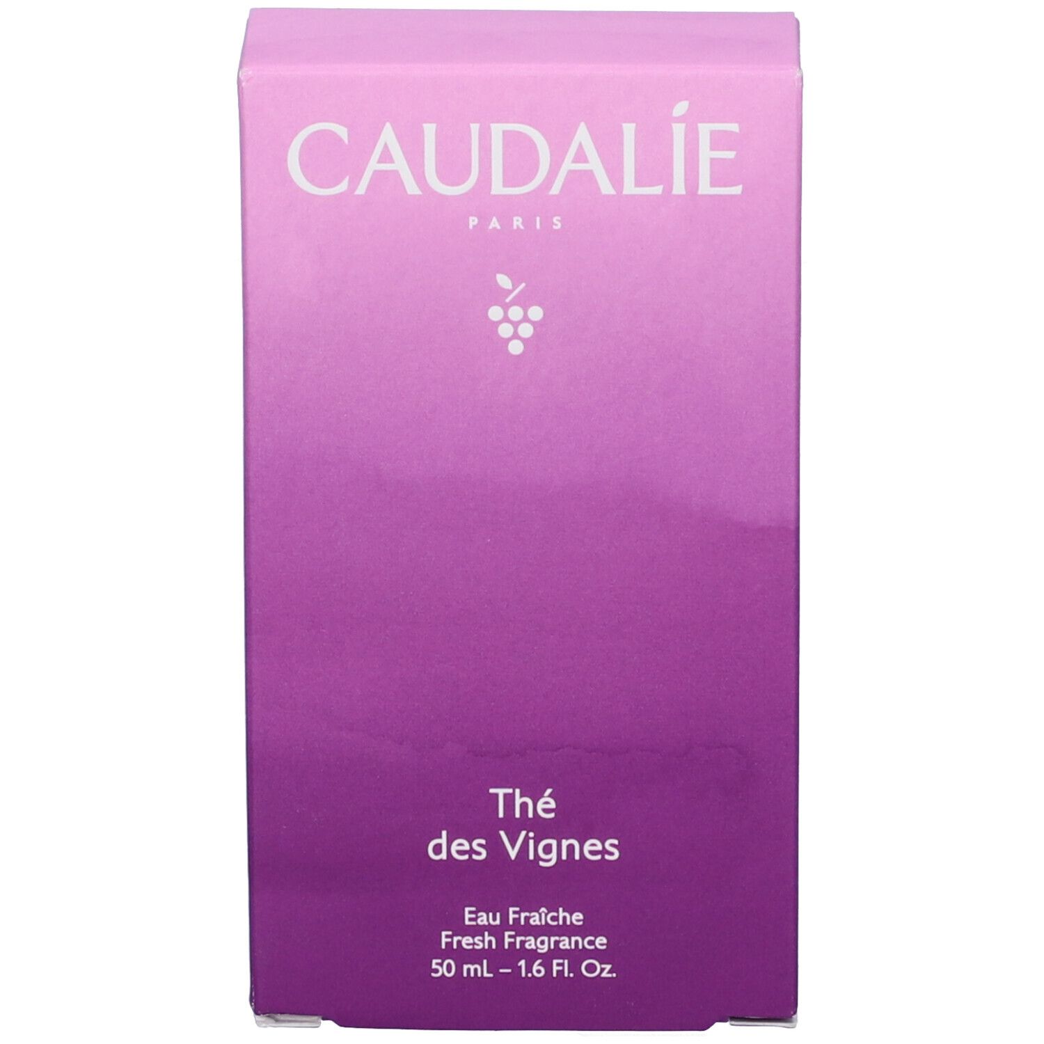 Confezione rosa con scritte Caudalie e Thé des Vignes. Simbolo dell'uva. Testo: Eau Fraiche, 50 ml.